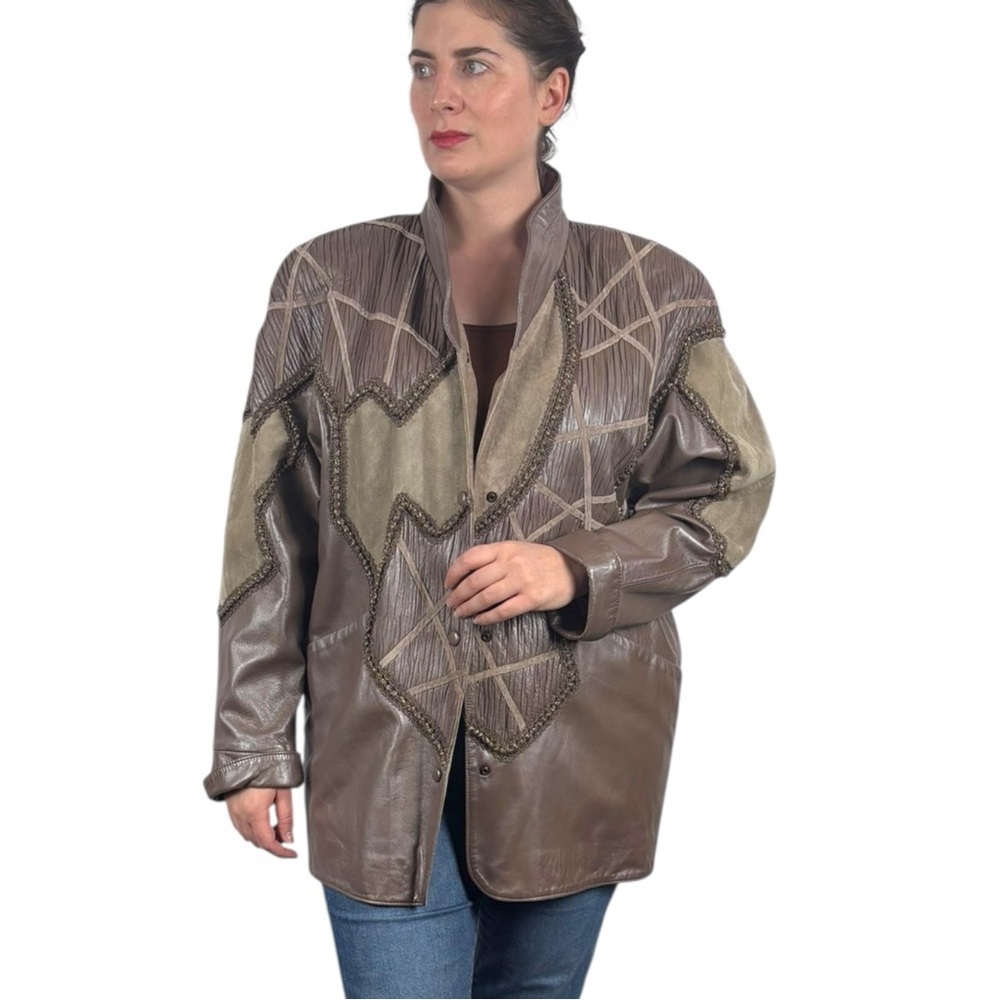 VINTAGE 80S LEATHER WOOL PATCHWORK ABSTRACT TAUPE TAN STATEMENT JACKET NORMA